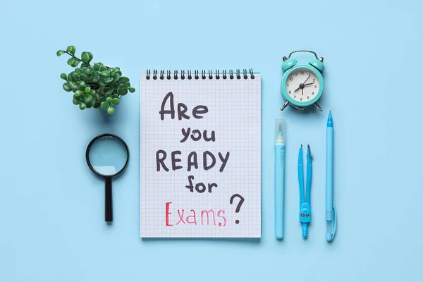 Notebook Question You Ready Exams Magnifier Alarm Clock Blue Background — Stock Photo, Image