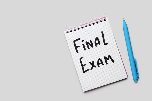Notebook Text Final Exam Pen Grey Background — Stock Photo, Image
