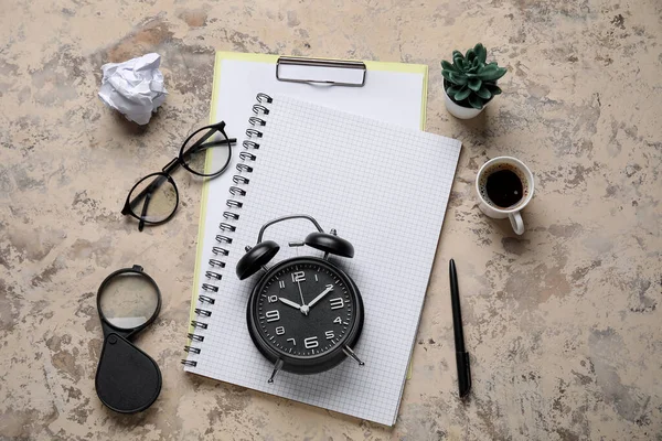 Blank Notebook Eyeglasses Alarm Clock Cup Coffee Grunge Background — Stock Photo, Image