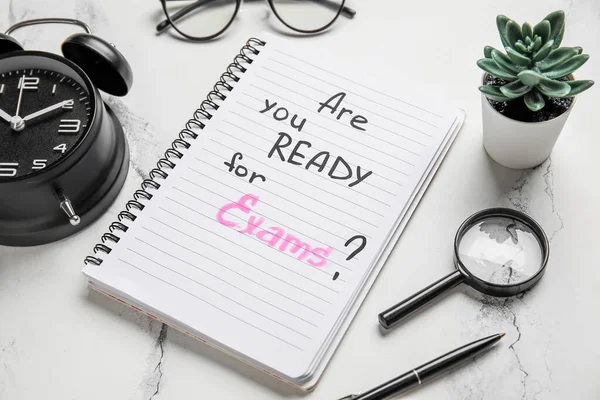 Notebook Question You Ready Exam Alarm Clock Eyeglasses Grunge White — Stock Photo, Image