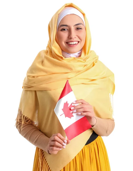 Молода Мусульманка Прапором Канади Білому Тлі — стокове фото