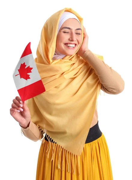 Jeune Femme Musulmane Avec Drapeau Canada Sur Fond Blanc — Photo