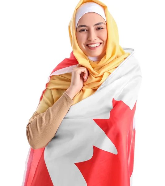 Młoda Muzułmanka Flagą Kanady Białym Tle — Zdjęcie stockowe
