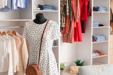 Şık elbisesi ve butikte çantası olan manken.