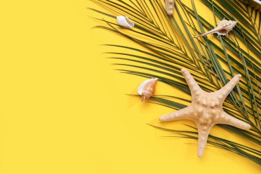 Palmiye yaprakları, deniz kabukları ve sarı arka planda deniz yıldızı bileşimi