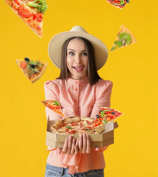 Pretty Young Woman Tasty Pizza Yellow Background — Stock Photo, Image