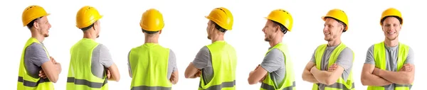 Set Van Mannelijke Werknemer Vest Hardhoed Witte Achtergrond — Stockfoto