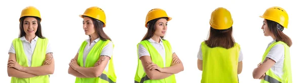 Set Female Worker Vest Hardhat White Background — Stock Photo, Image