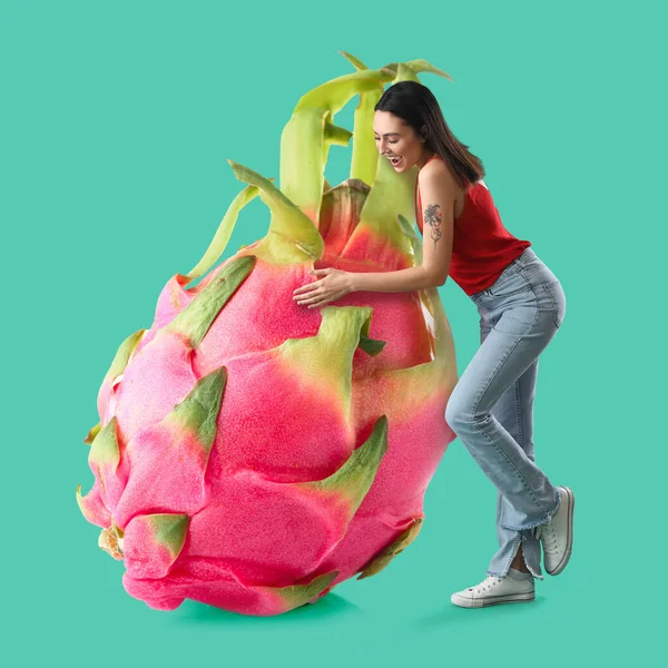 Happy Young Woman Big Sweet Dragon Fruit Turquoise Background — Stock Photo, Image