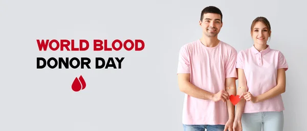 Banner Para Día Mundial Del Donante Sangre Con Pareja Joven — Foto de Stock