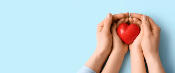 Hands Woman Child Red Heart Light Blue Background Space Text — Stock Photo, Image