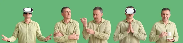 Collage Van Volwassen Man Shirt Groene Achtergrond — Stockfoto