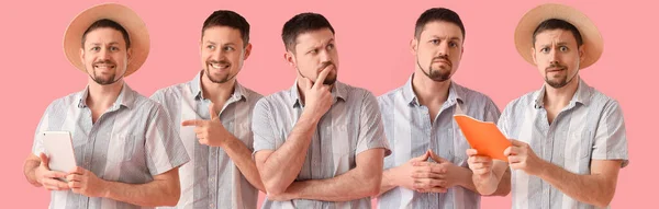 Collage Eines Emotionalen Jungen Mannes Auf Rosa Hintergrund — Stockfoto