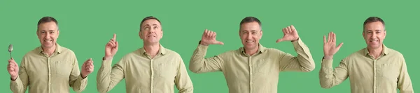 Collage Happy Mature Man Shirt Green Background — Stock Photo, Image
