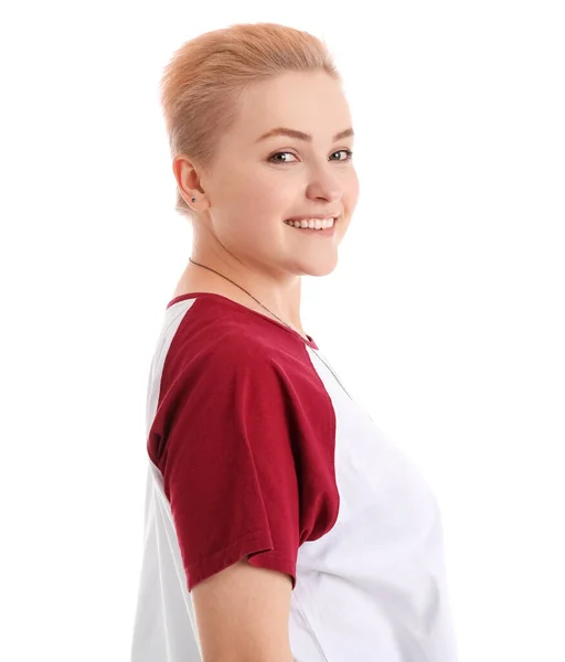 Young Woman Short Hair White Background — Stock Photo, Image