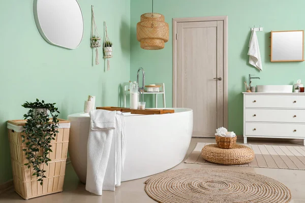 Fürdőszoba Káddal Tükörrel Lógó Szobanövényekkel — Stock Fotó
