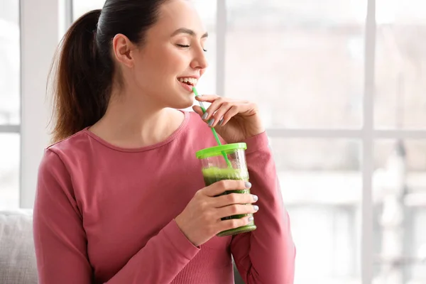 Sporty Young Woman Drinking Vegetable Juice Home Closeup — Stock Photo, Image