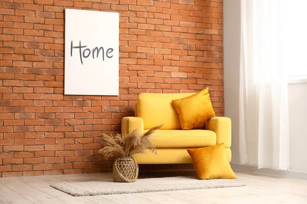 Cozy Yellow Armchair Vase Pampas Grass Brown Brick Wall — Stock Photo, Image