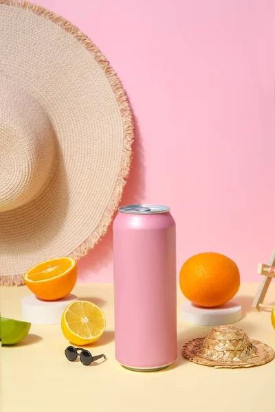 Can Soda Beach Accessories Citrus Fruits Table Pink Wall — Stock Photo, Image