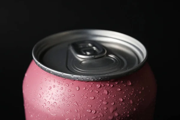 Pink Can Fresh Soda Water Drops Dark Background Closeup — Stock Photo, Image