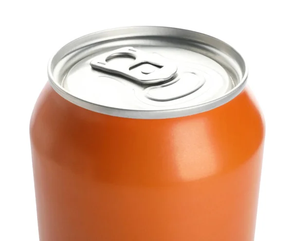 Oranje Blikje Fris Frisdrank Witte Achtergrond Close — Stockfoto
