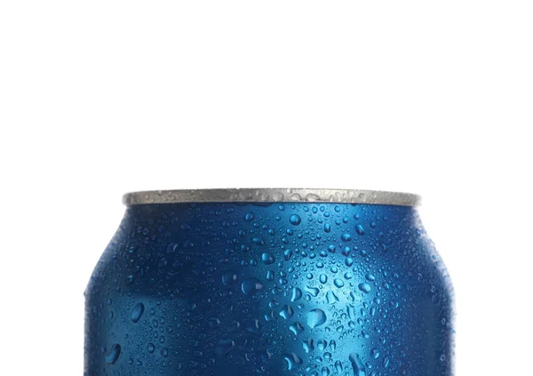 Blikje Fris Frisdrank Met Waterdruppels Geïsoleerd Witte Achtergrond Close — Stockfoto