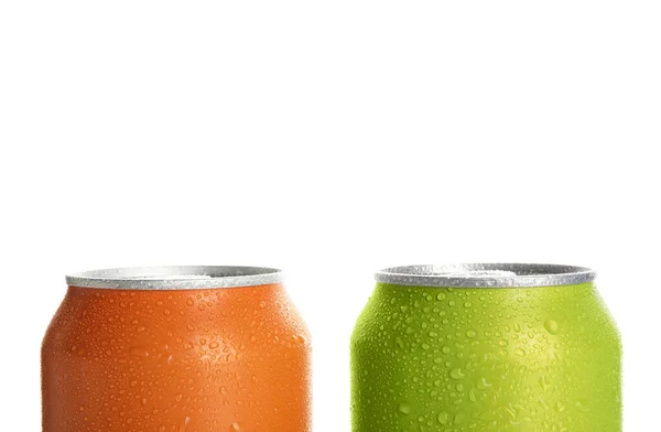 Colorful Cans Fresh Soda Water Drops Isolated White Background Closeup — Stock Photo, Image
