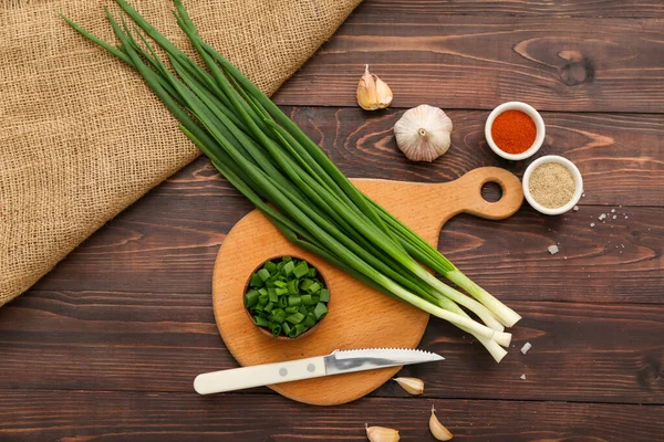 Board Fresh Green Onion Spices Wooden Background — Stock Photo, Image
