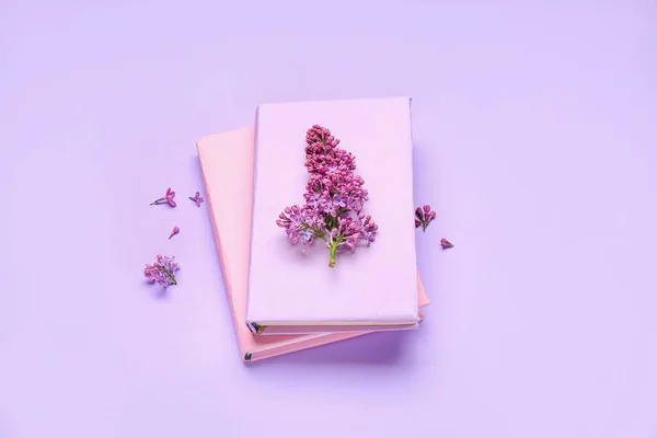 Lilac Twig Notebooks Color Background — Stock Photo, Image