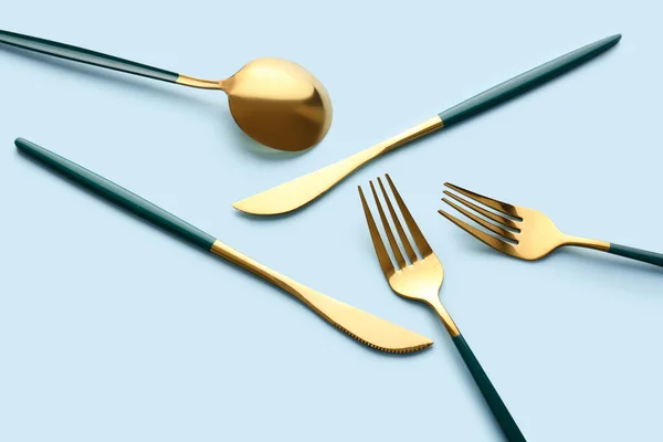 Stylish Cutlery Blue Background — Stock Photo, Image