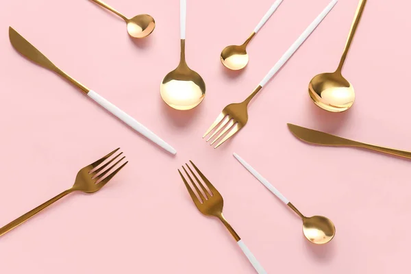 Stock image Stylish cutlery on pink background