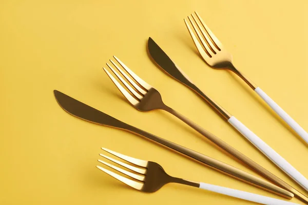 Stylish Forks Knives Yellow Background — Stock Photo, Image