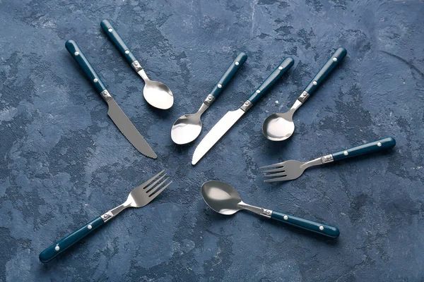 Stainless Steel Cutlery Blue Background — Stock Photo, Image