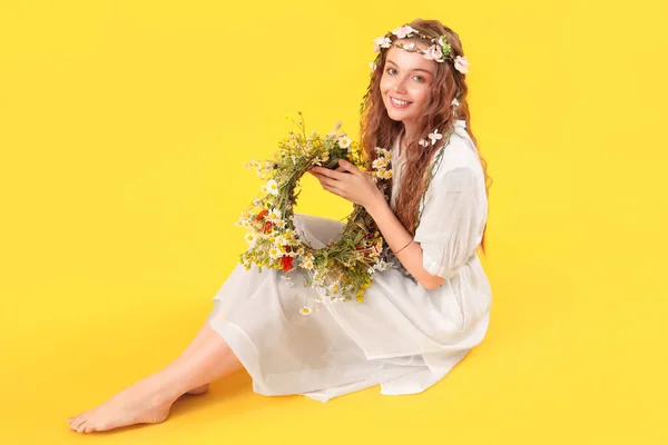 Beautiful Young Woman Flower Wreath Yellow Background Summer Solstice — Stock Photo, Image