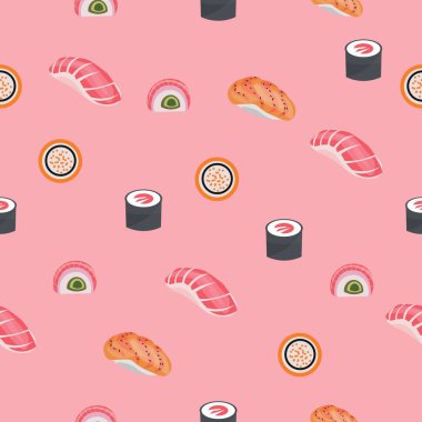 Pembe arka planda bir sürü lezzetli suşi. Tasarım için desen