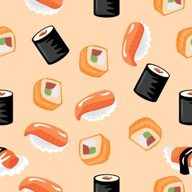 Bej arka planda bir sürü lezzetli suşi. Tasarım için desen