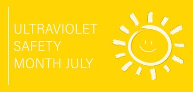 Güneş ve metin Ultraviyolet Güvenlik Ayı - Sarı arkaplanda Temmuz