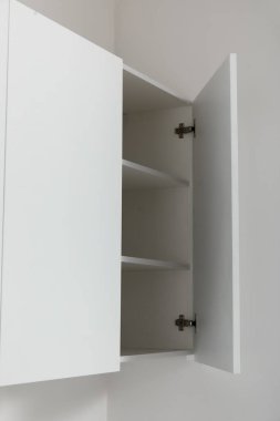 Mutfak duvarında asılı beyaz dolap.