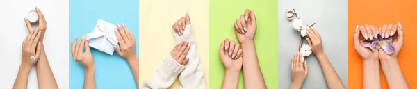 Zestaw Kobiecych Rąk Pięknym Manicure Tle Koloru Widok Góry — Zdjęcie stockowe