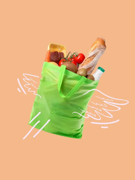 Bag of fresh food and drawn wings on beige background. Delivery concept