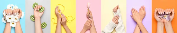 Renkli Arka Planda Güzel Manikürlü Kadın Elleri Üst Manzara — Stok fotoğraf