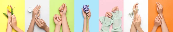 Set Mit Vielen Weiblichen Händen Mit Schöner Maniküre Auf Farbigem — Stockfoto
