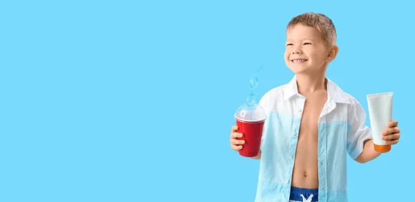 Little Boy Sunscreen Cream Drink Light Blue Background Space Text — Stock Photo, Image