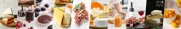 テーブルの上に新鮮なチーズと甘いジャムとおいしいワインのコラージュ — ストック写真