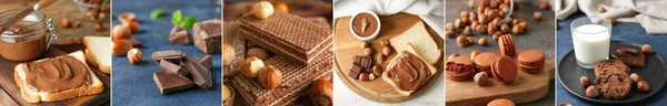 stock image Collage of delicious chocolate desserts with hazelnuts on table