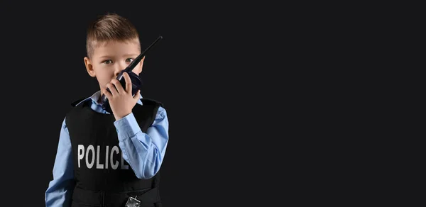 Cute Little Police Officer Radio Transmitter Black Background Space Text — Stock Photo, Image