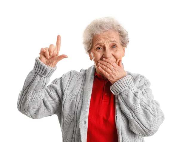 Senior Vrouw Tonen Verliezer Gebaar Witte Achtergrond — Stockfoto