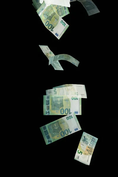 Stroboscopic Photo Falling Euro Banknotes Dark Background — Stock Photo, Image