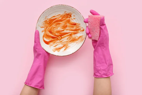 Female Hands Rubber Gloves Washing Dirty Plate Sponge Pink Background — Stock Photo, Image