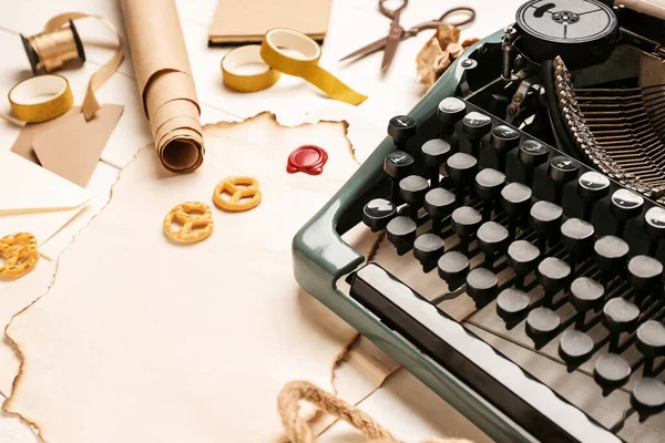 Composition Vintage Typewriter Parchments Snacks White Wooden Table — Stock Photo, Image